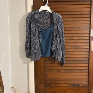 Lucky Brand Blue Floral Sheer Blouse with Solid Blue Cami